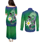 Australia Saibai Island Couples Matching Puletasi and Long Sleeve Button Shirt Papuan Black Snake With Dhari