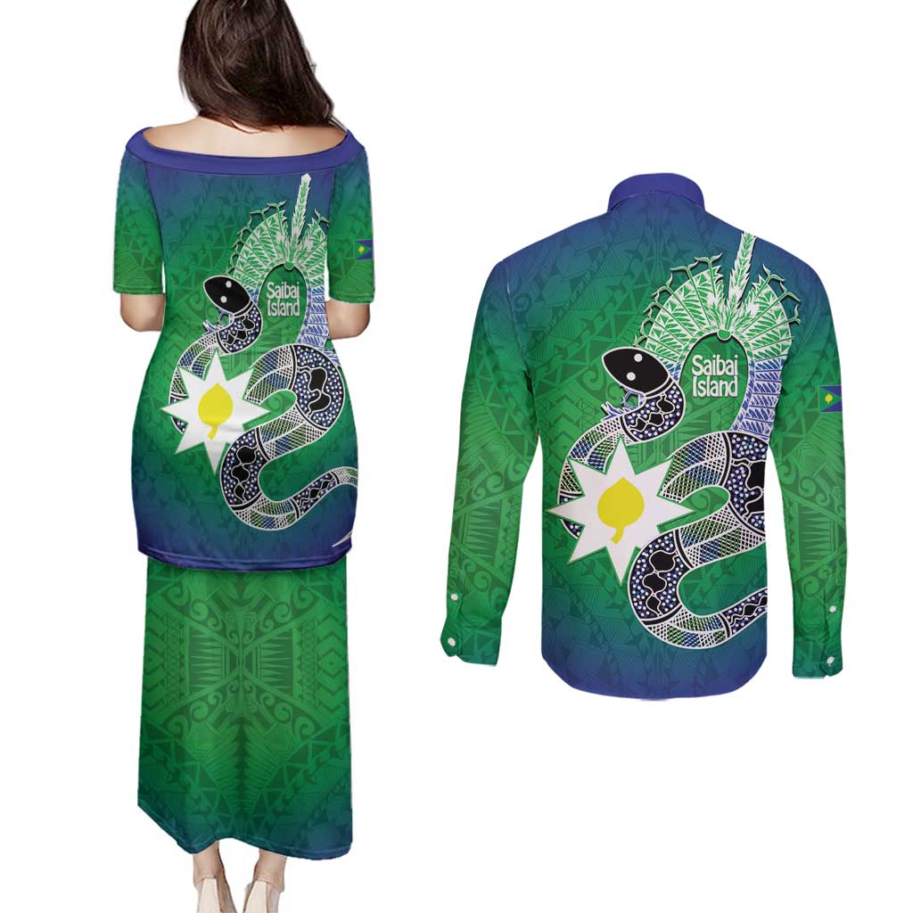 Australia Saibai Island Couples Matching Puletasi and Long Sleeve Button Shirt Papuan Black Snake With Dhari