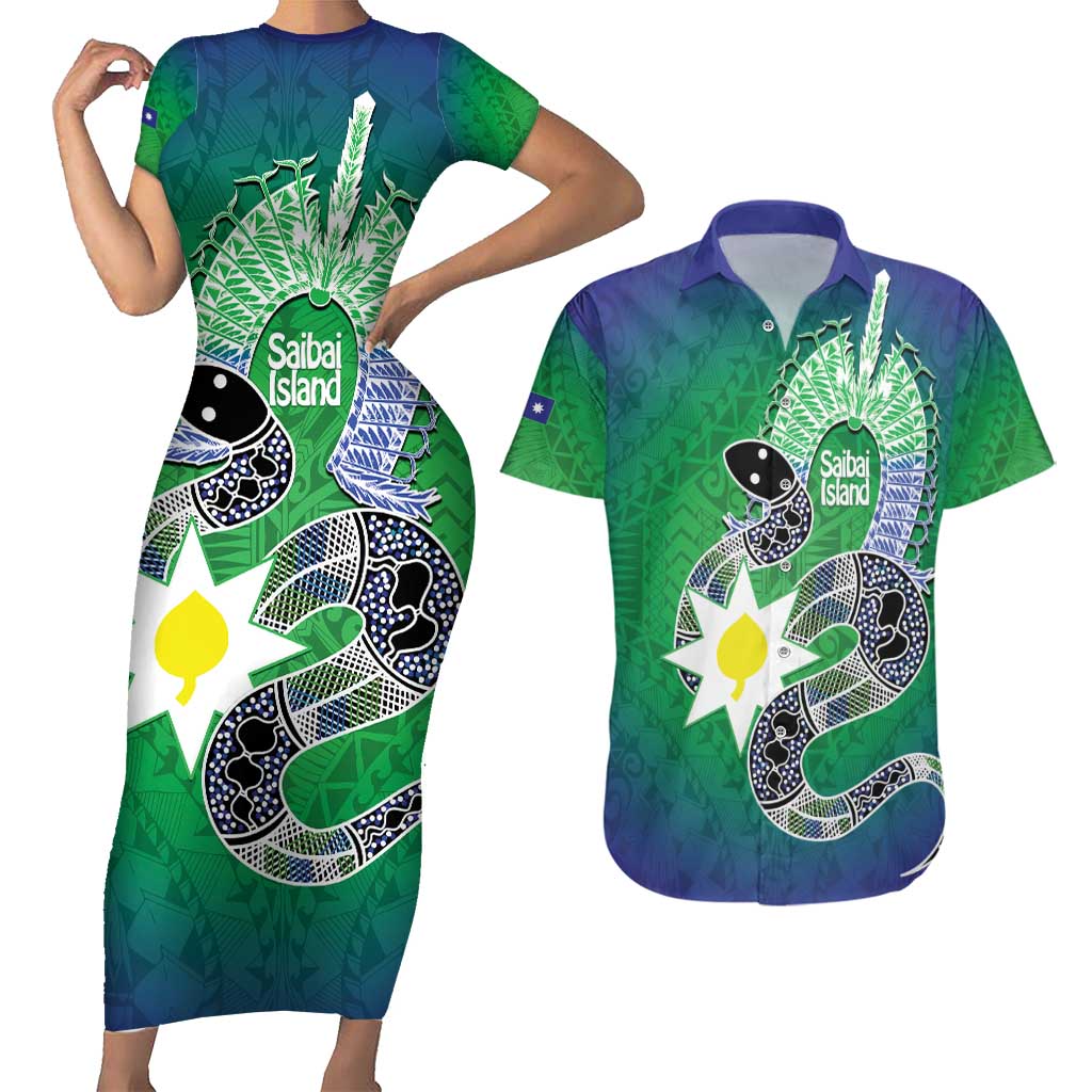Australia Saibai Island Couples Matching Short Sleeve Bodycon Dress and Hawaiian Shirt Papuan Black Snake With Dhari