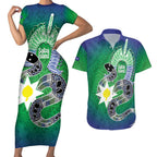 Australia Saibai Island Couples Matching Short Sleeve Bodycon Dress and Hawaiian Shirt Papuan Black Snake With Dhari