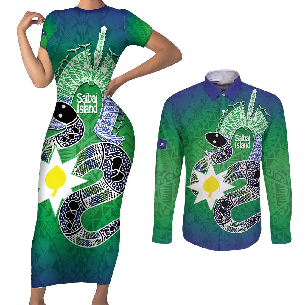 Australia Saibai Island Couples Matching Short Sleeve Bodycon Dress and Long Sleeve Button Shirt Papuan Black Snake With Dhari