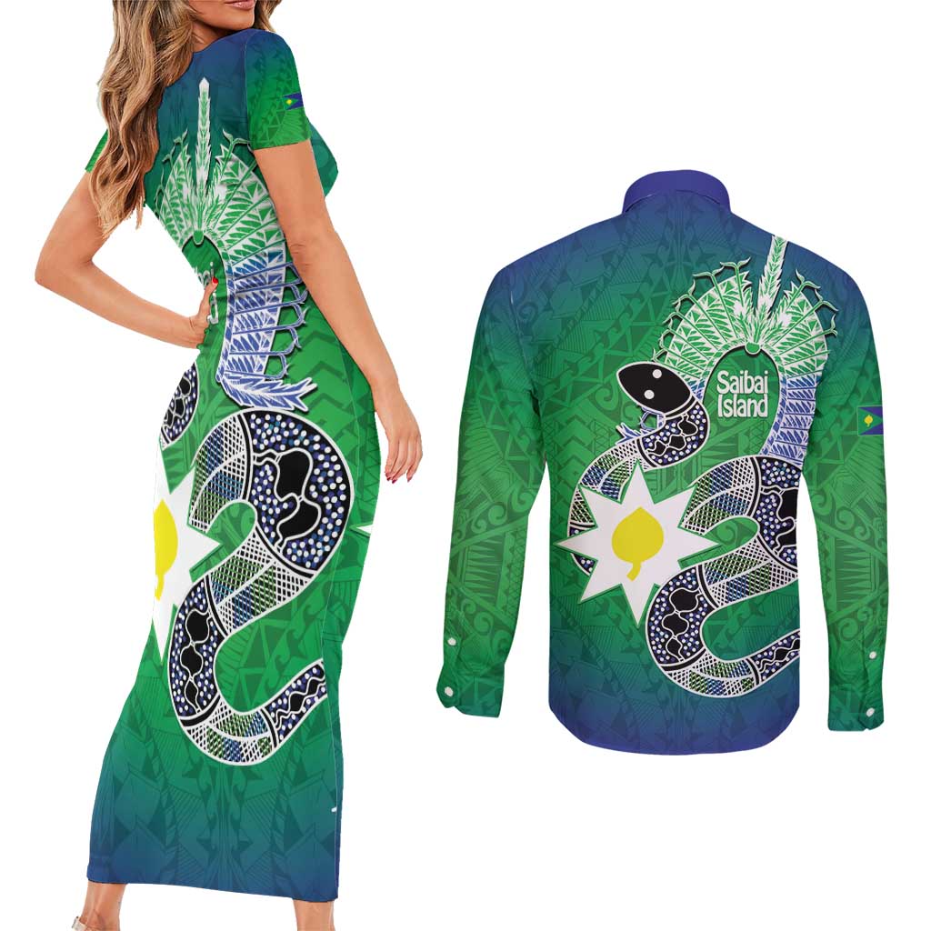 Australia Saibai Island Couples Matching Short Sleeve Bodycon Dress and Long Sleeve Button Shirt Papuan Black Snake With Dhari