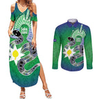 Australia Saibai Island Couples Matching Summer Maxi Dress and Long Sleeve Button Shirt Papuan Black Snake With Dhari