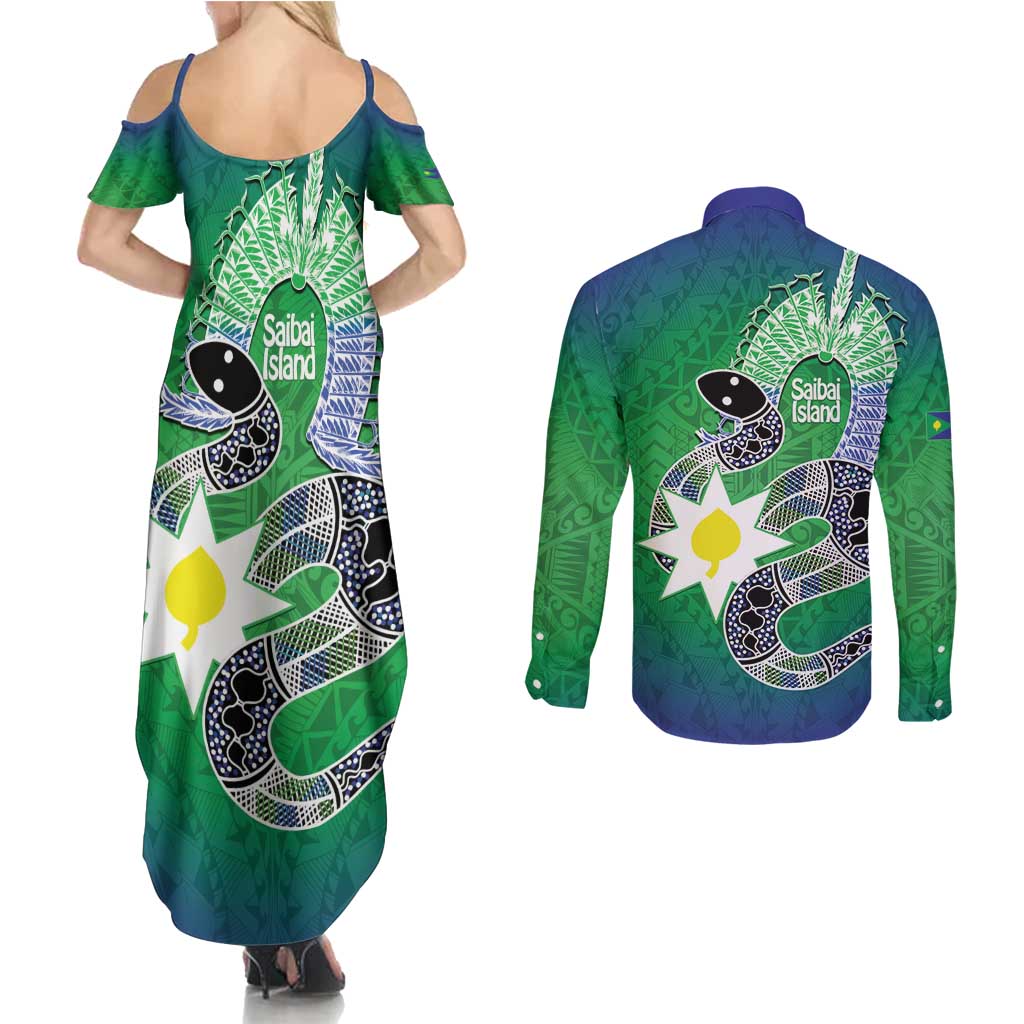 Australia Saibai Island Couples Matching Summer Maxi Dress and Long Sleeve Button Shirt Papuan Black Snake With Dhari