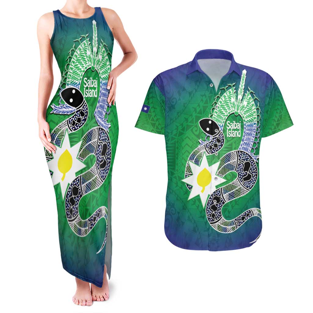 Australia Saibai Island Couples Matching Tank Maxi Dress and Hawaiian Shirt Papuan Black Snake With Dhari