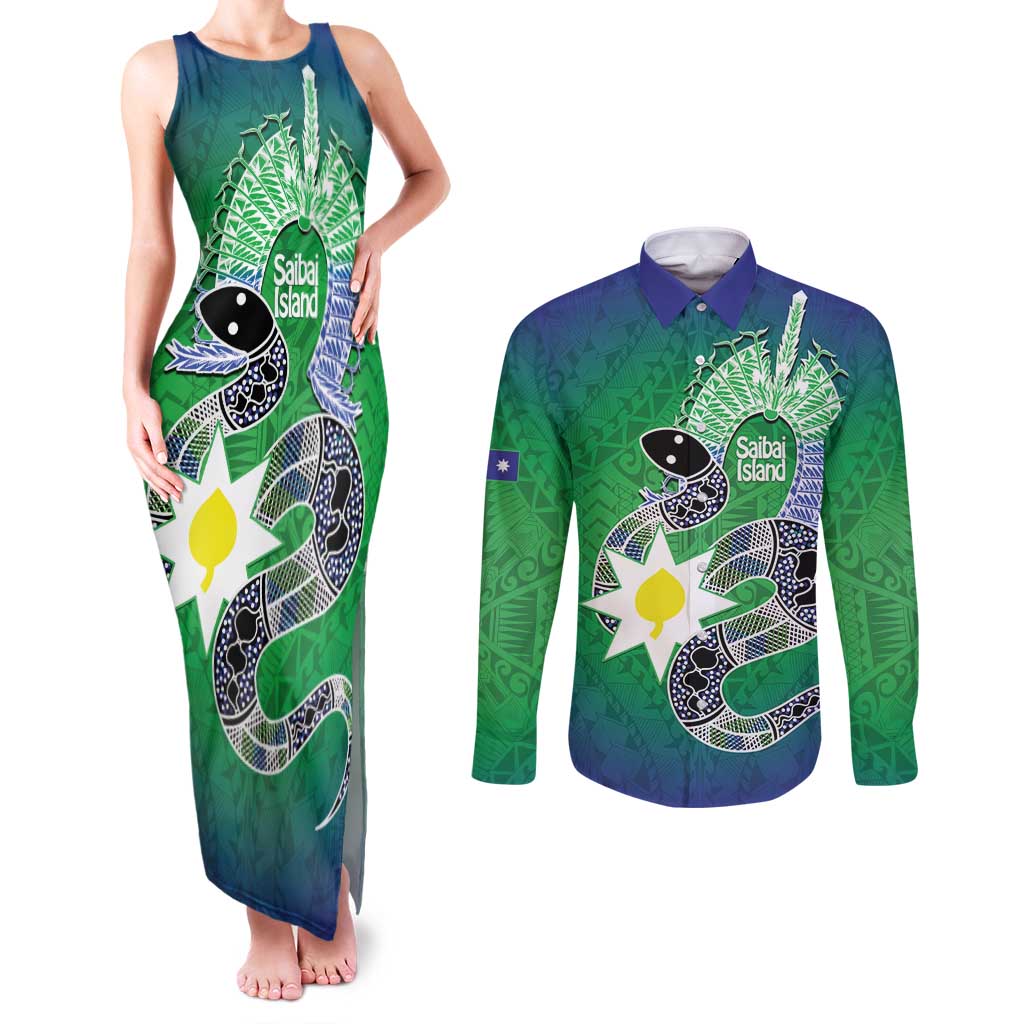 Australia Saibai Island Couples Matching Tank Maxi Dress and Long Sleeve Button Shirt Papuan Black Snake With Dhari