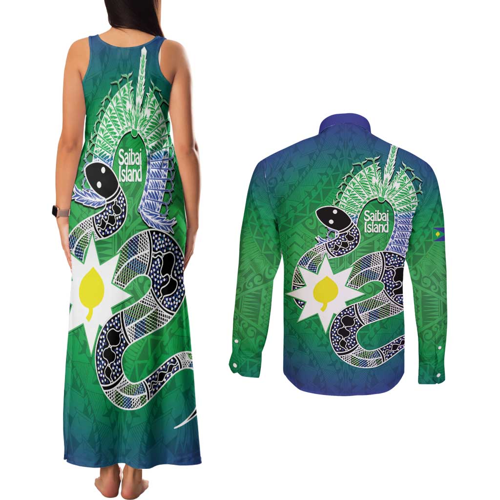 Australia Saibai Island Couples Matching Tank Maxi Dress and Long Sleeve Button Shirt Papuan Black Snake With Dhari