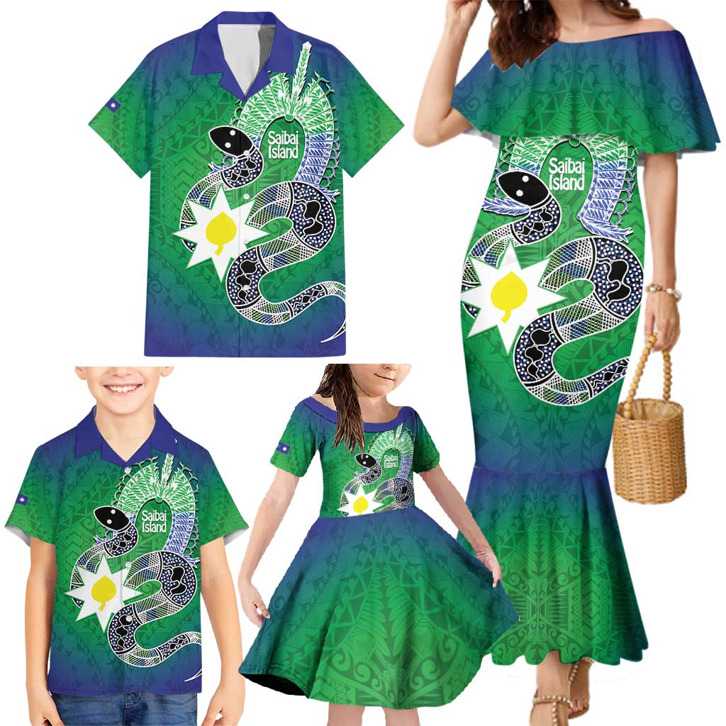 Australia Saibai Island Family Matching Mermaid Dress and Hawaiian Shirt Papuan Black Snake With Dhari