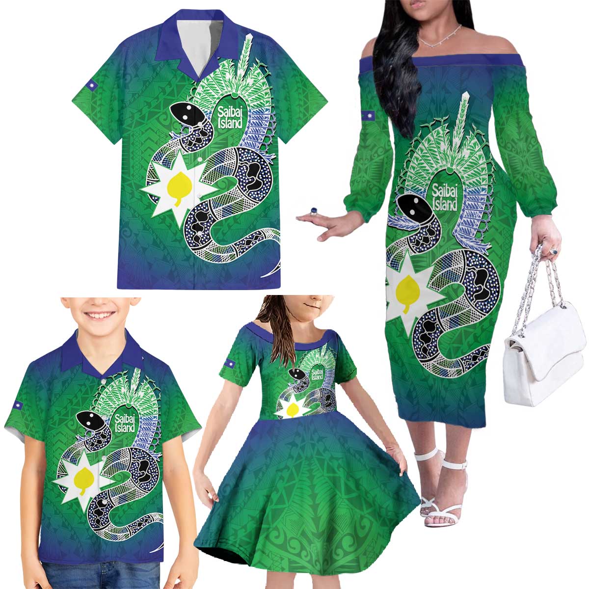 Australia Saibai Island Family Matching Off The Shoulder Long Sleeve Dress and Hawaiian Shirt Papuan Black Snake With Dhari
