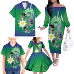 Australia Saibai Island Family Matching Off The Shoulder Long Sleeve Dress and Hawaiian Shirt Papuan Black Snake With Dhari