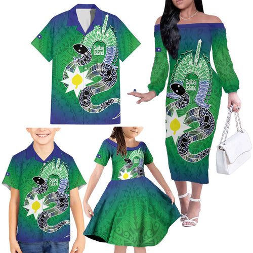 Australia Saibai Island Family Matching Off The Shoulder Long Sleeve Dress and Hawaiian Shirt Papuan Black Snake With Dhari