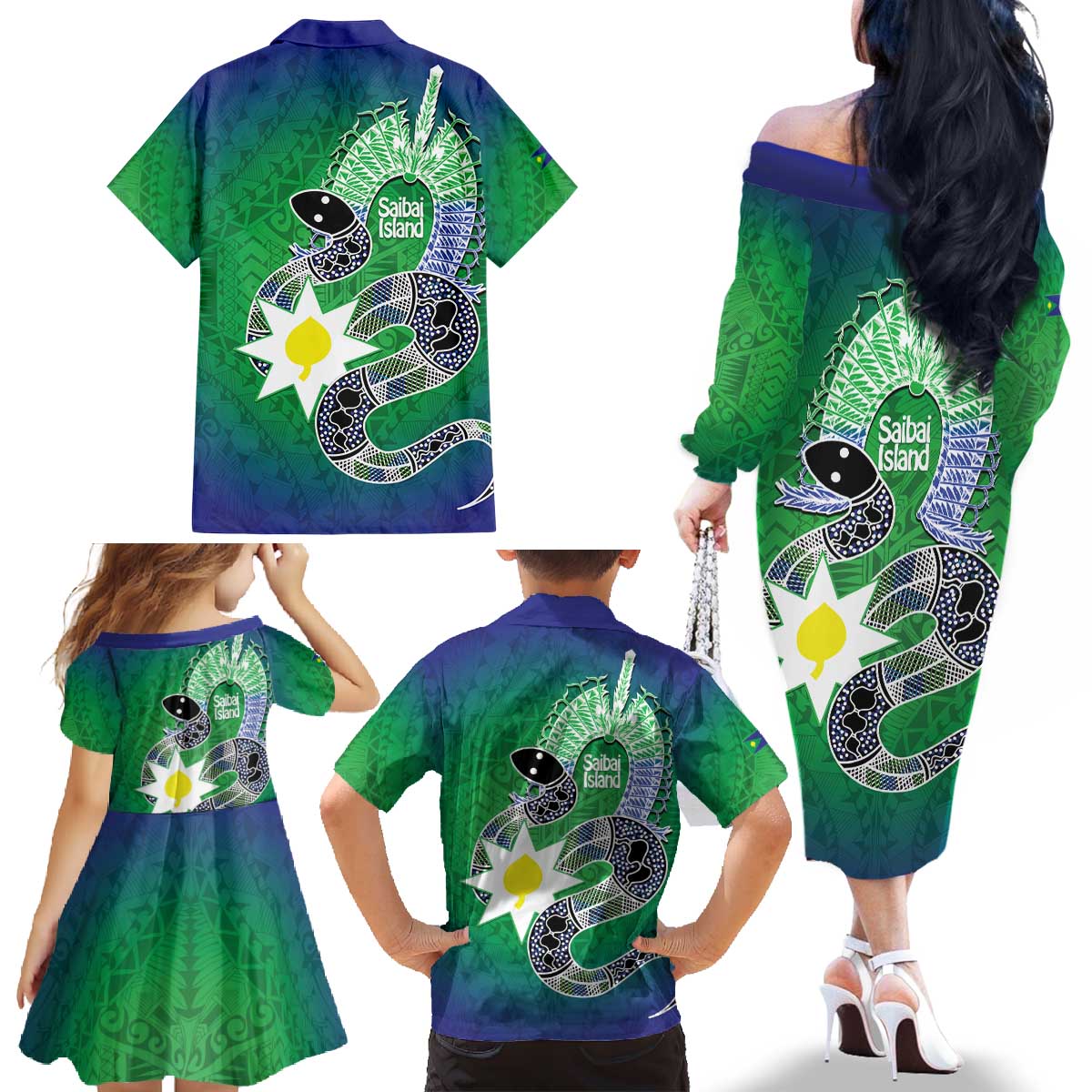 Australia Saibai Island Family Matching Off The Shoulder Long Sleeve Dress and Hawaiian Shirt Papuan Black Snake With Dhari