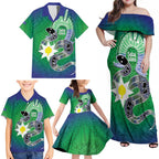 Australia Saibai Island Family Matching Off Shoulder Maxi Dress and Hawaiian Shirt Papuan Black Snake With Dhari