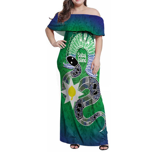 Australia Saibai Island Family Matching Off Shoulder Maxi Dress and Hawaiian Shirt Papuan Black Snake With Dhari