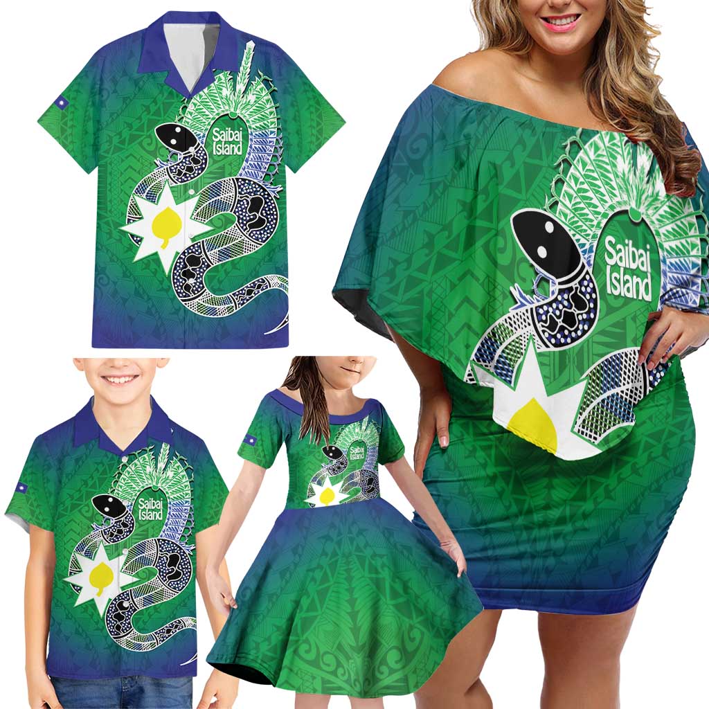 Australia Saibai Island Family Matching Off Shoulder Short Dress and Hawaiian Shirt Papuan Black Snake With Dhari