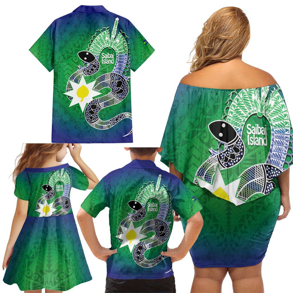 Australia Saibai Island Family Matching Off Shoulder Short Dress and Hawaiian Shirt Papuan Black Snake With Dhari