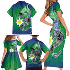 Australia Saibai Island Family Matching Short Sleeve Bodycon Dress and Hawaiian Shirt Papuan Black Snake With Dhari
