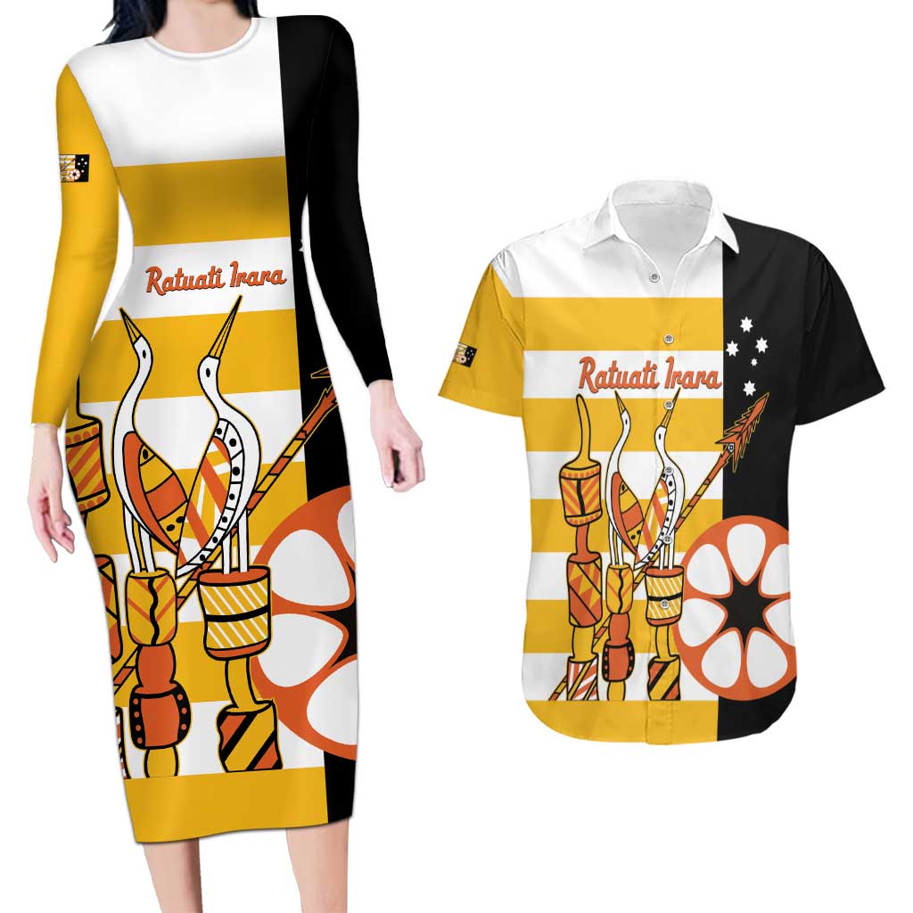 Australia Tiwi Islands Couples Matching Long Sleeve Bodycon Dress and Hawaiian Shirt Ratuati Irara Flag Style