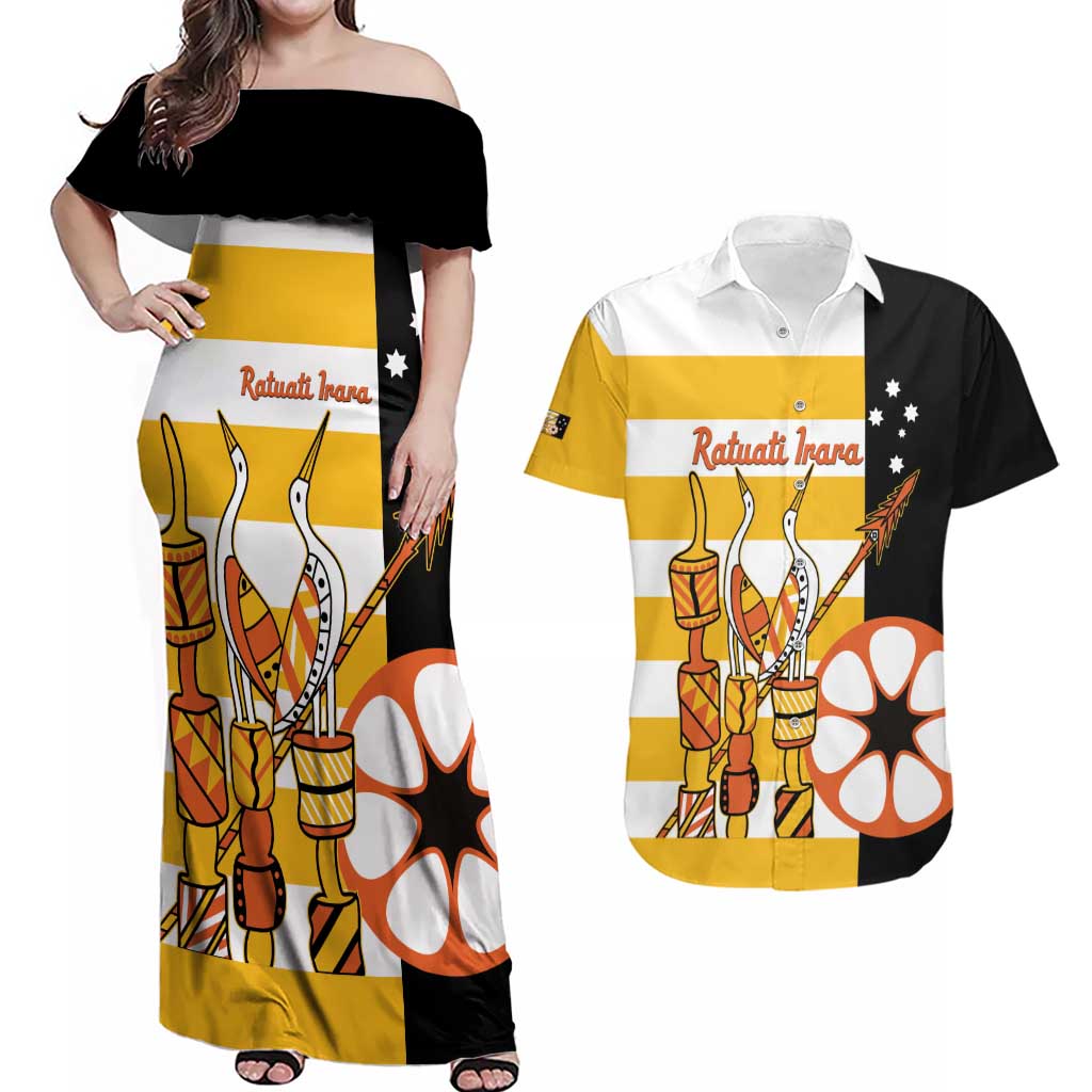 Australia Tiwi Islands Couples Matching Off Shoulder Maxi Dress and Hawaiian Shirt Ratuati Irara Flag Style
