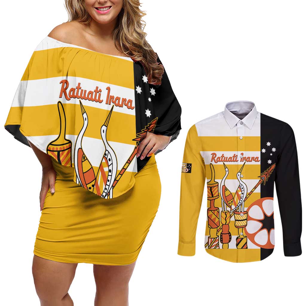 Australia Tiwi Islands Couples Matching Off Shoulder Short Dress and Long Sleeve Button Shirt Ratuati Irara Flag Style