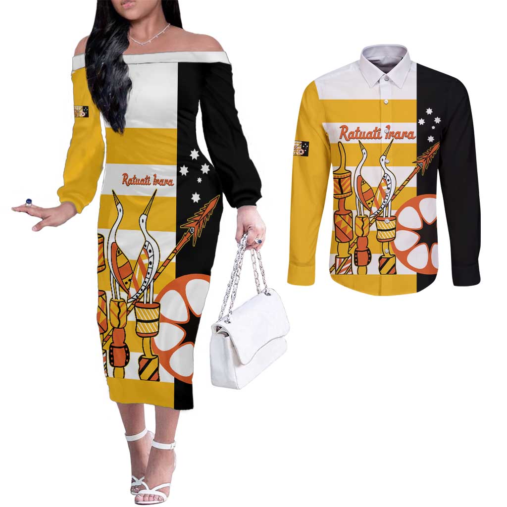 Australia Tiwi Islands Couples Matching Off The Shoulder Long Sleeve Dress and Long Sleeve Button Shirt Ratuati Irara Flag Style