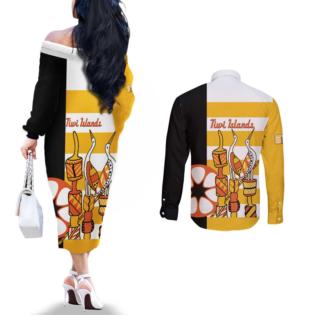 Australia Tiwi Islands Couples Matching Off The Shoulder Long Sleeve Dress and Long Sleeve Button Shirt Ratuati Irara Flag Style