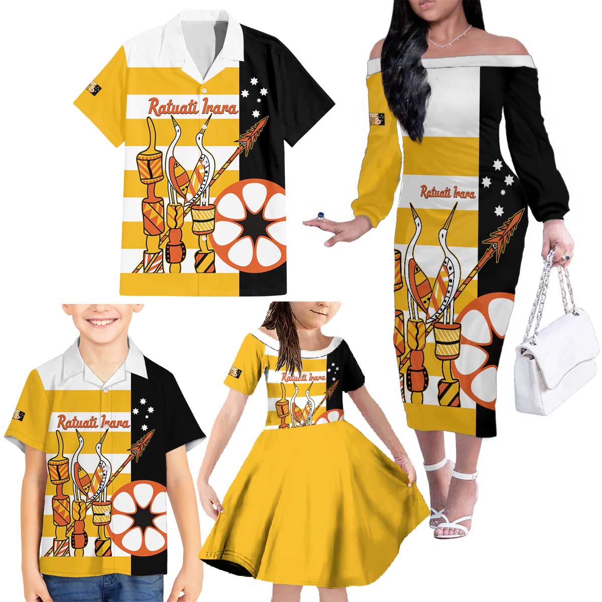 Australia Tiwi Islands Family Matching Off The Shoulder Long Sleeve Dress and Hawaiian Shirt Ratuati Irara Flag Style