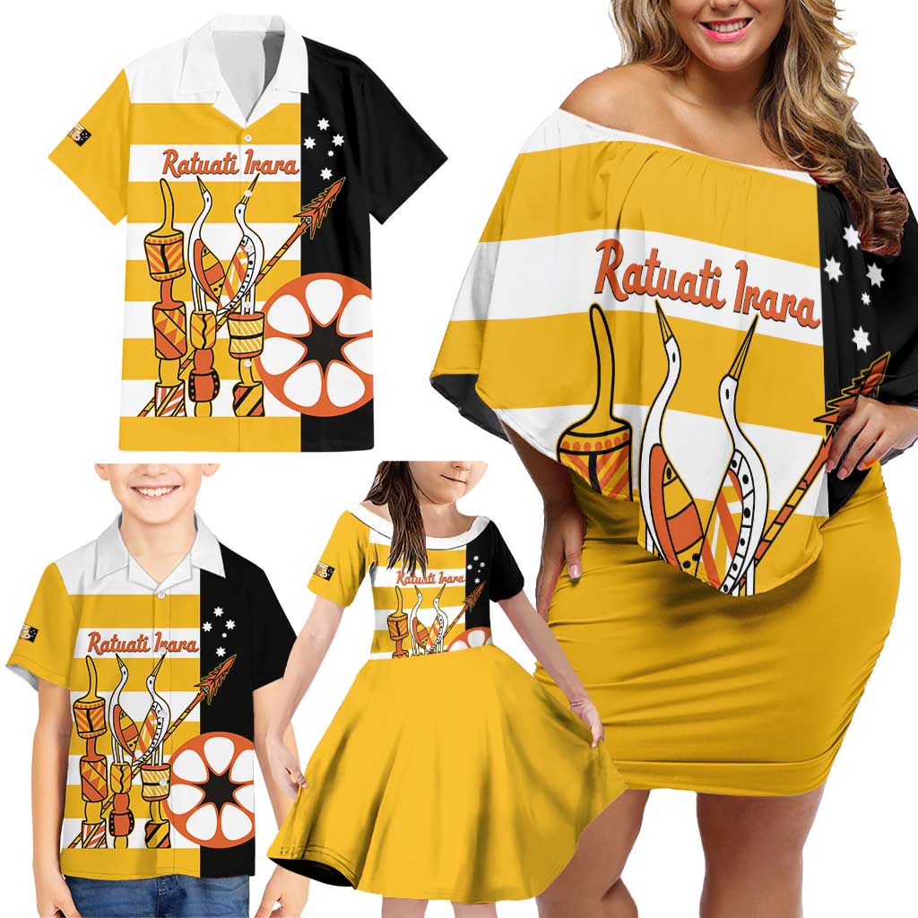 Australia Tiwi Islands Family Matching Off Shoulder Short Dress and Hawaiian Shirt Ratuati Irara Flag Style