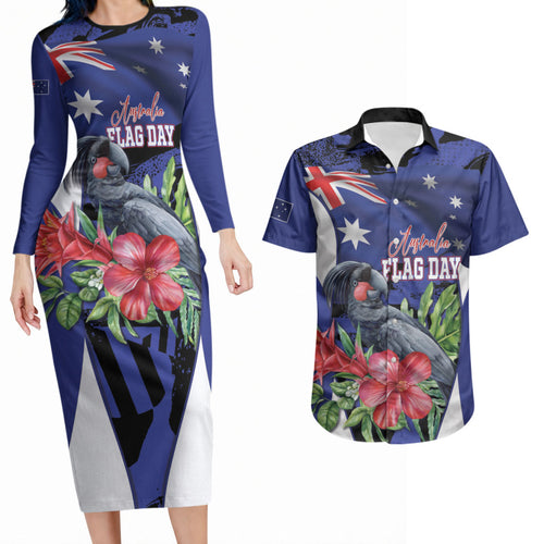 Australian National Flag Day Couples Matching Long Sleeve Bodycon Dress and Hawaiian Shirt Palm Cockatoo Proud Of Our Flag