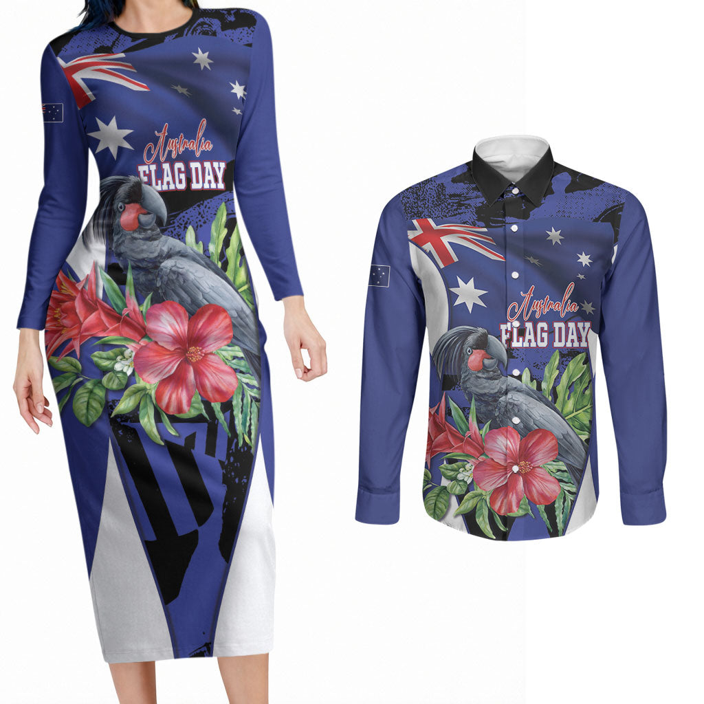 Australian National Flag Day Couples Matching Long Sleeve Bodycon Dress and Long Sleeve Button Shirt Palm Cockatoo Proud Of Our Flag