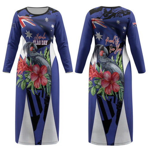 Australian National Flag Day Couples Matching Long Sleeve Bodycon Dress and Long Sleeve Button Shirt Palm Cockatoo Proud Of Our Flag