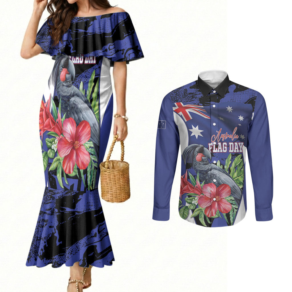 Australian National Flag Day Couples Matching Mermaid Dress and Long Sleeve Button Shirt Palm Cockatoo Proud Of Our Flag