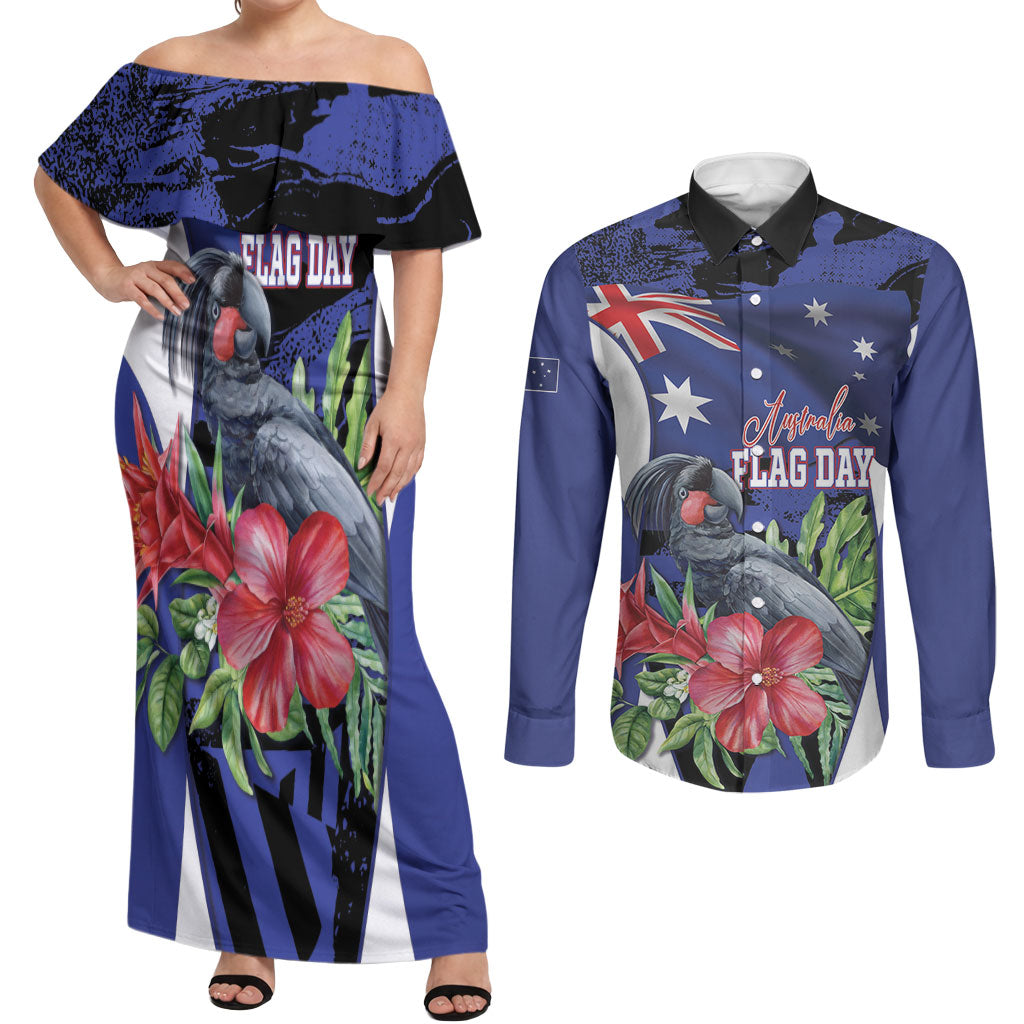 Australian National Flag Day Couples Matching Off Shoulder Maxi Dress and Long Sleeve Button Shirt Palm Cockatoo Proud Of Our Flag