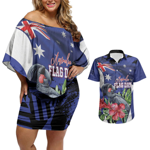 Australian National Flag Day Couples Matching Off Shoulder Short Dress and Hawaiian Shirt Palm Cockatoo Proud Of Our Flag