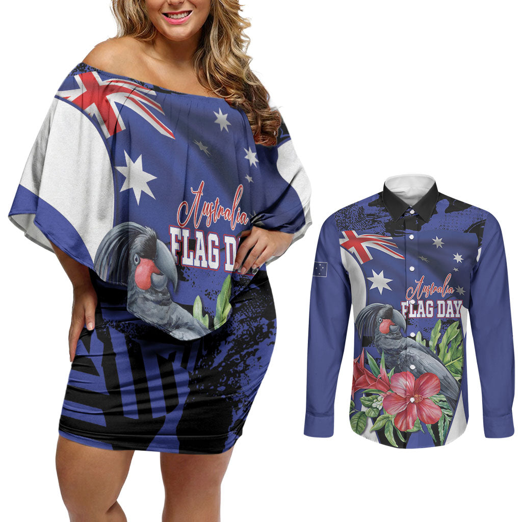 Australian National Flag Day Couples Matching Off Shoulder Short Dress and Long Sleeve Button Shirt Palm Cockatoo Proud Of Our Flag