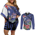 Australian National Flag Day Couples Matching Off Shoulder Short Dress and Long Sleeve Button Shirt Palm Cockatoo Proud Of Our Flag