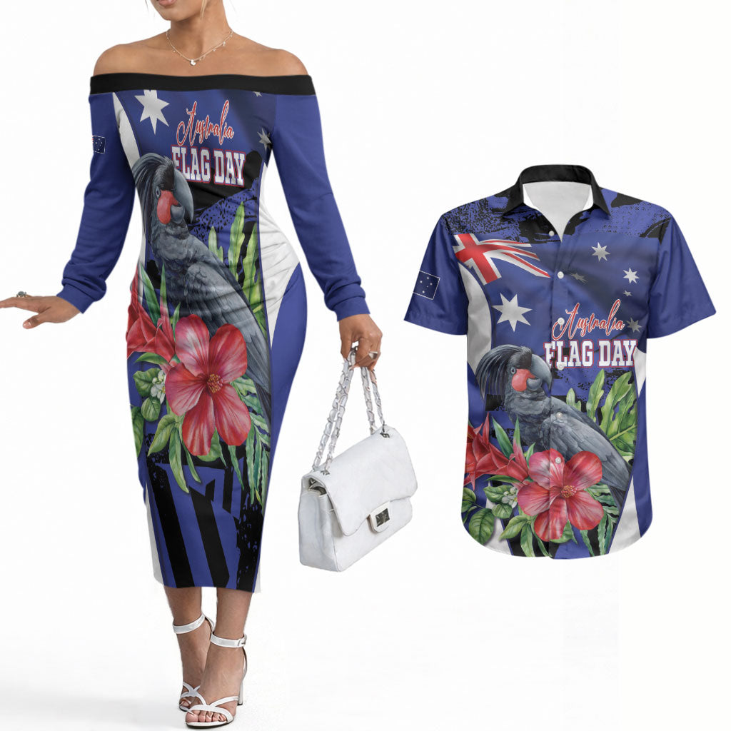 Australian National Flag Day Couples Matching Off The Shoulder Long Sleeve Dress and Hawaiian Shirt Palm Cockatoo Proud Of Our Flag