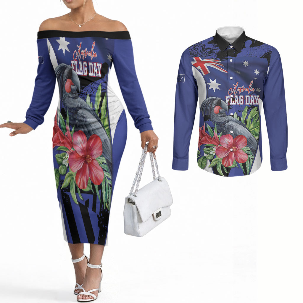 Australian National Flag Day Couples Matching Off The Shoulder Long Sleeve Dress and Long Sleeve Button Shirt Palm Cockatoo Proud Of Our Flag