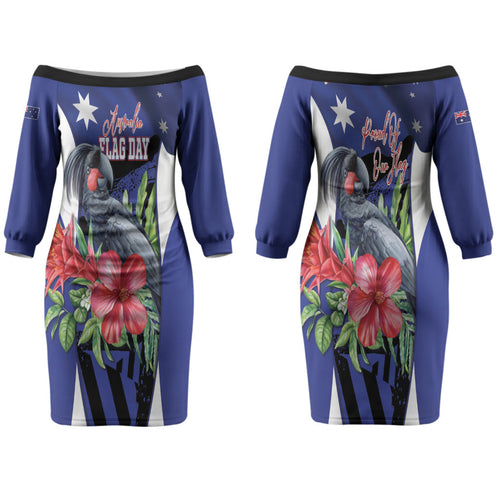Australian National Flag Day Couples Matching Off The Shoulder Long Sleeve Dress and Long Sleeve Button Shirt Palm Cockatoo Proud Of Our Flag