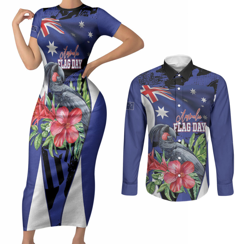 Australian National Flag Day Couples Matching Short Sleeve Bodycon Dress and Long Sleeve Button Shirt Palm Cockatoo Proud Of Our Flag