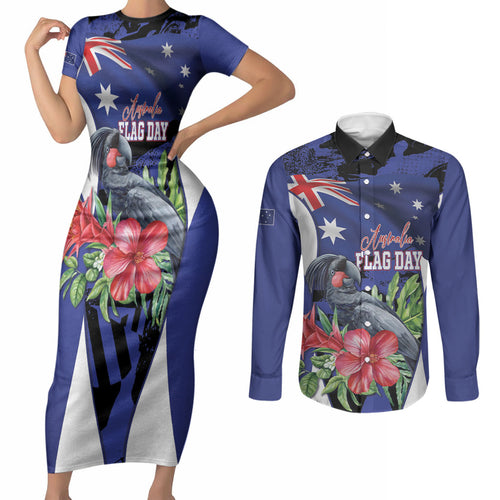 Australian National Flag Day Couples Matching Short Sleeve Bodycon Dress and Long Sleeve Button Shirt Palm Cockatoo Proud Of Our Flag