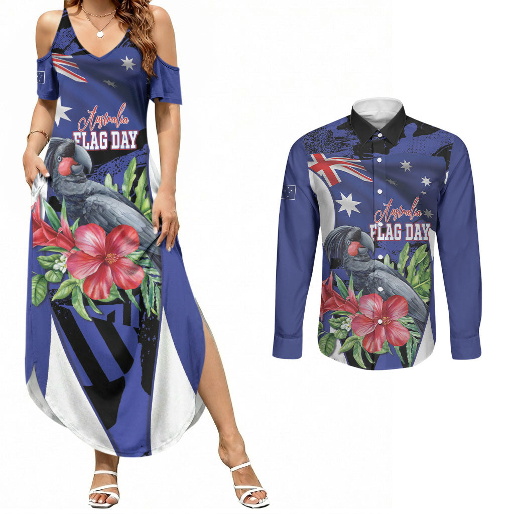 Australian National Flag Day Couples Matching Summer Maxi Dress and Long Sleeve Button Shirt Palm Cockatoo Proud Of Our Flag