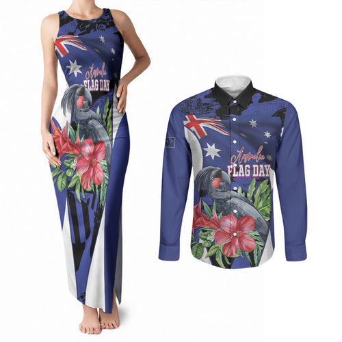 Australian National Flag Day Couples Matching Tank Maxi Dress and Long Sleeve Button Shirt Palm Cockatoo Proud Of Our Flag