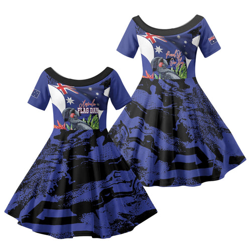 Australian National Flag Day Family Matching Off The Shoulder Long Sleeve Dress and Hawaiian Shirt Palm Cockatoo Proud Of Our Flag
