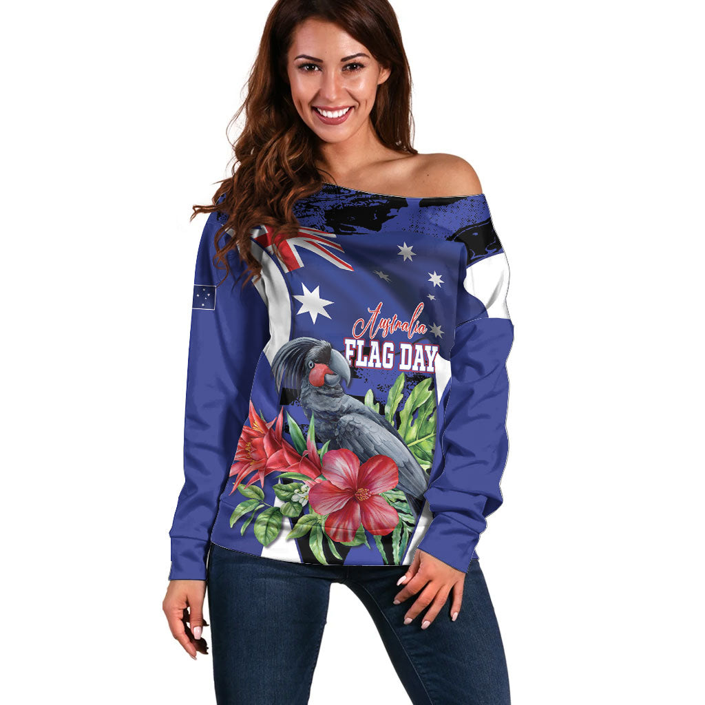 Australian National Flag Day Off Shoulder Sweater Palm Cockatoo Proud Of Our Flag