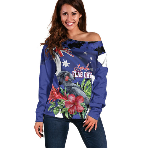 Australian National Flag Day Off Shoulder Sweater Palm Cockatoo Proud Of Our Flag