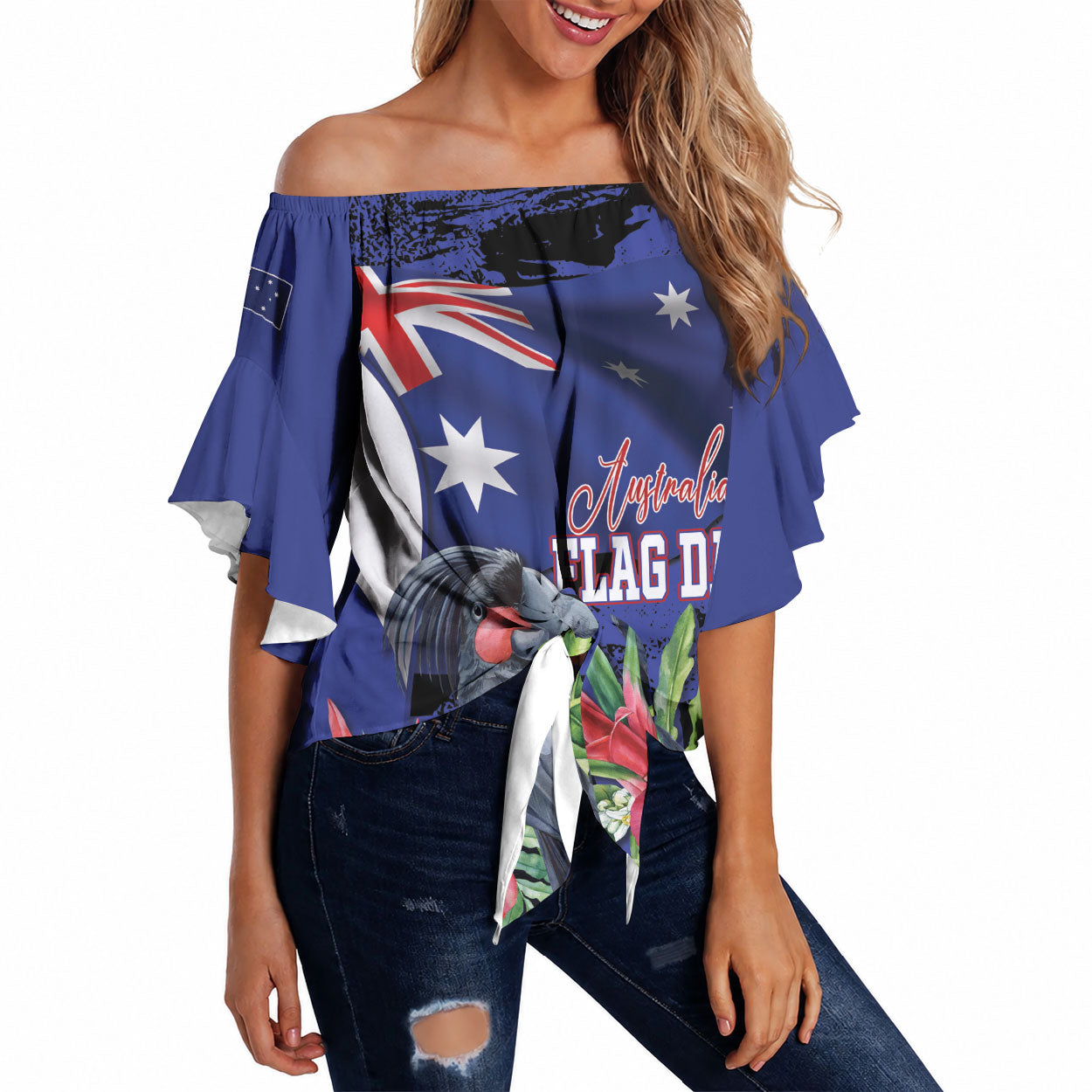 Australian National Flag Day Off Shoulder Wrap Waist Top Palm Cockatoo Proud Of Our Flag