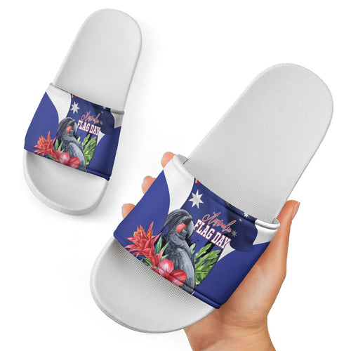 Australian National Flag Day Slide Sandals Palm Cockatoo Proud Of Our Flag
