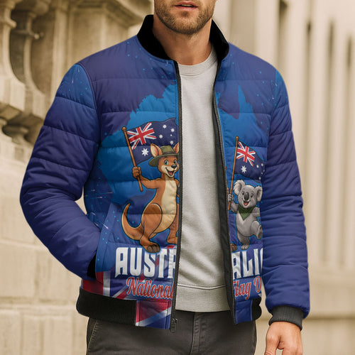 Australian National Flag Day Personalised Bomber Puffer Jacket Funny Kangaroo Koala Aussie Proud