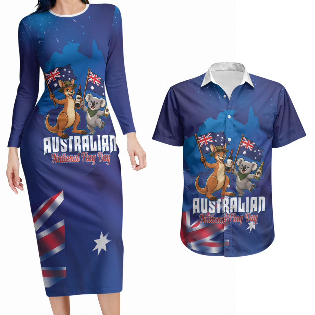 Australian National Flag Day Personalised Couples Matching Long Sleeve Bodycon Dress and Hawaiian Shirt Funny Kangaroo Koala Aussie Proud